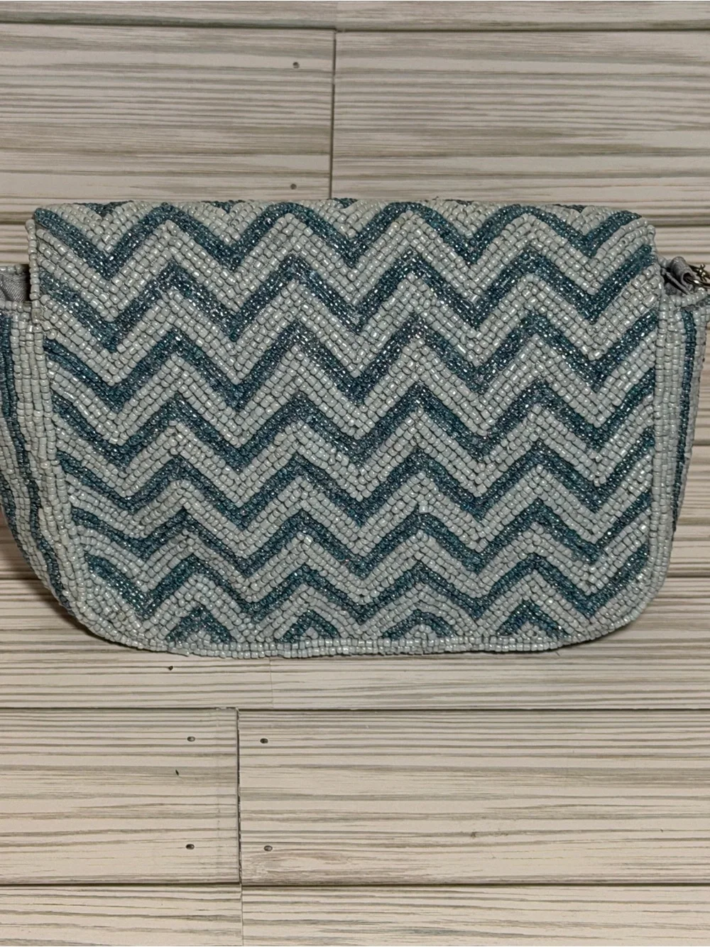 Viral Beaded Umbrella Crossbody Bag Blue Wht Chevron Seed Bead Chain Strap Purse